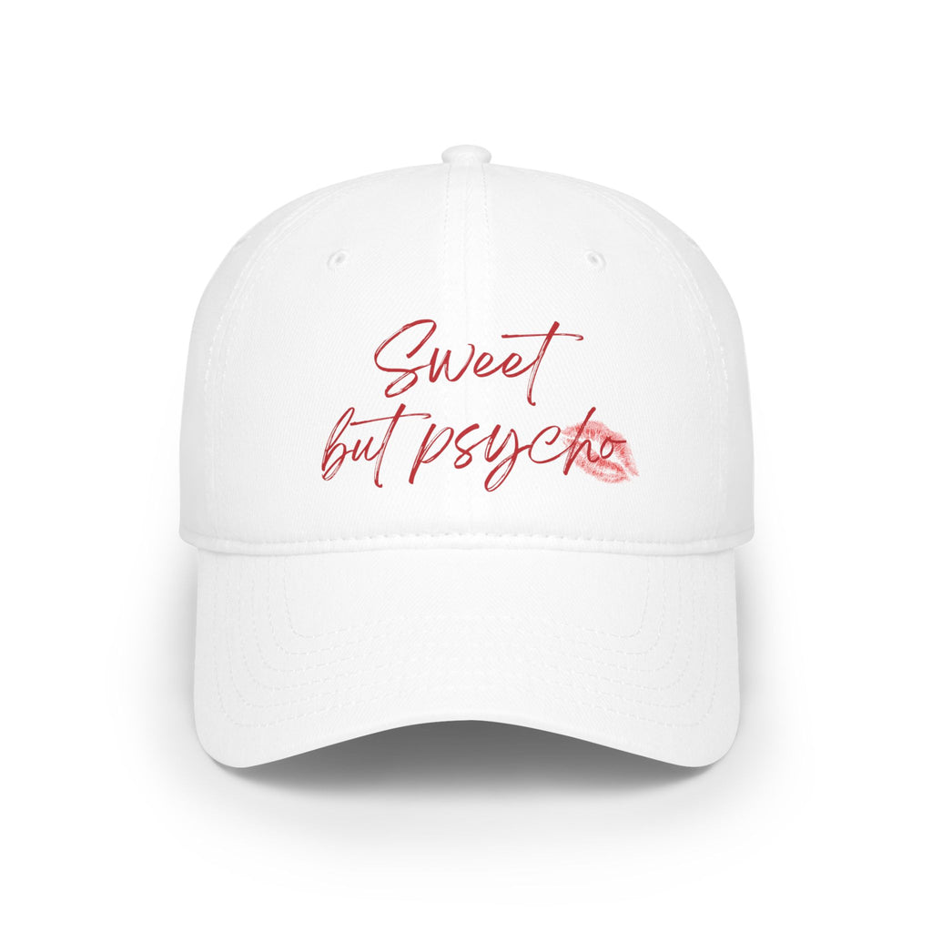 Sweet but Psycho Baseball Cap — Black Low Profile Hat with Red Script & Kiss Graphic