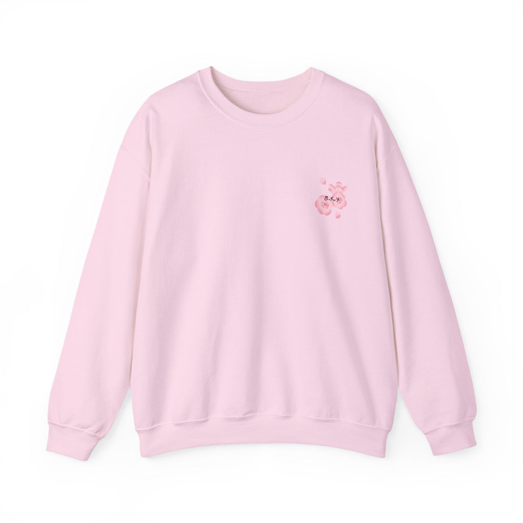 Crewneck Sweatshirt — Watercolor Pink Floral Back Print with Tiny Front Blossom