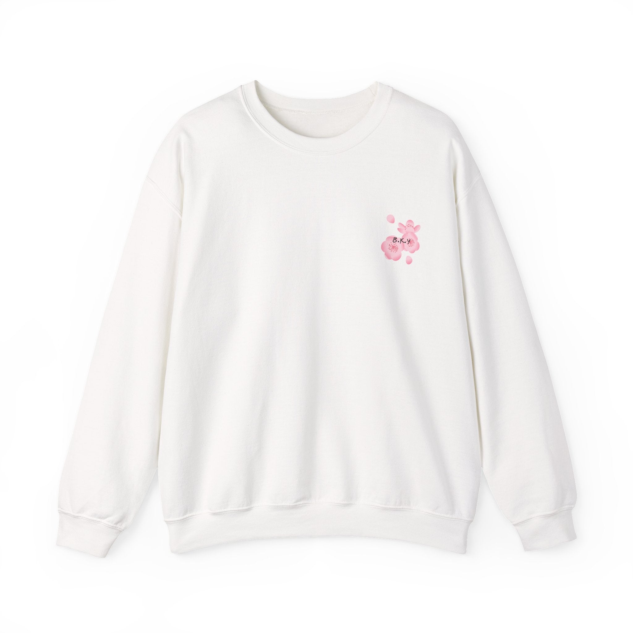 Crewneck Sweatshirt — Watercolor Pink Floral Back Print with Tiny Front Blossom