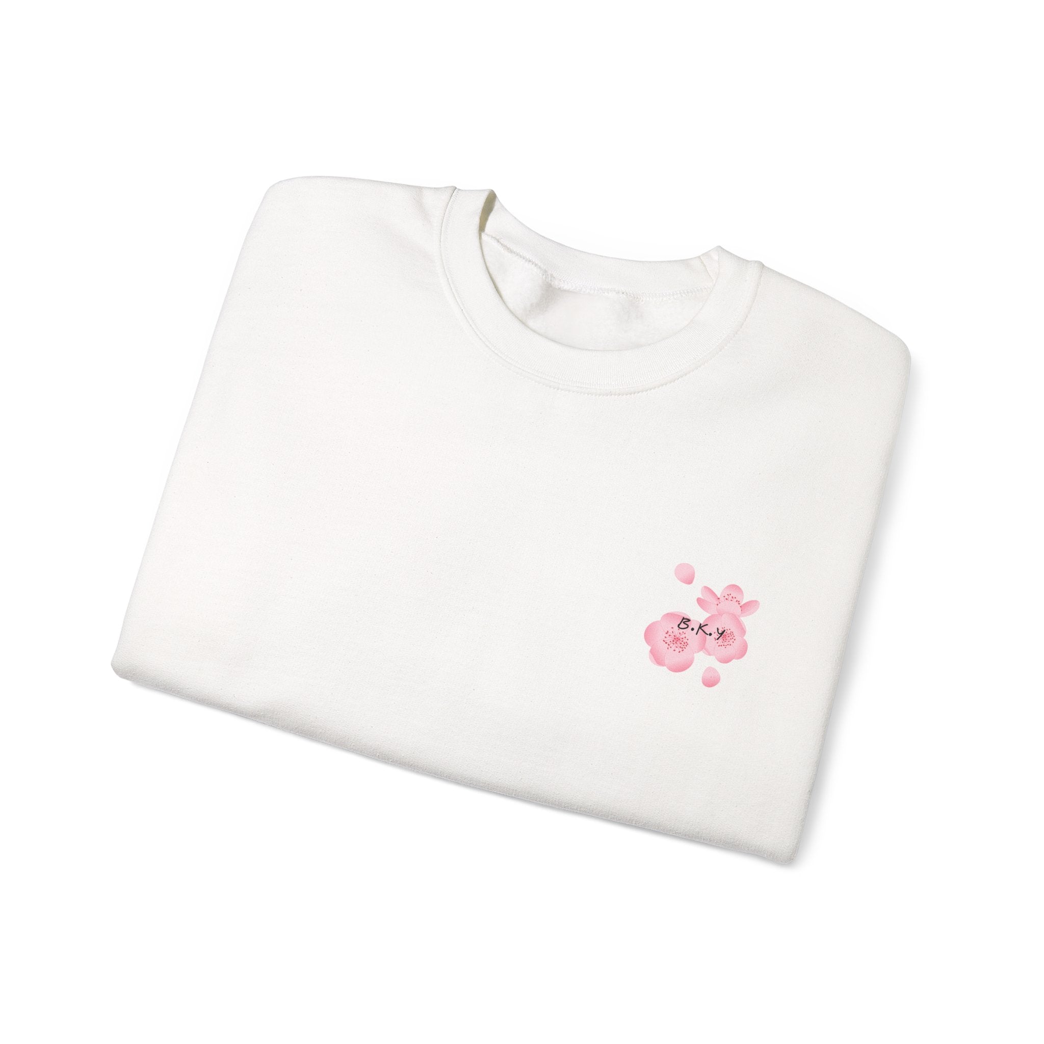 Crewneck Sweatshirt — Watercolor Pink Floral Back Print with Tiny Front Blossom
