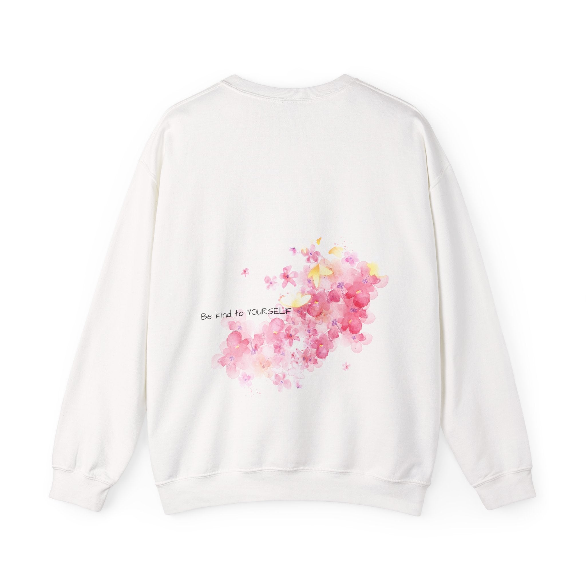 Crewneck Sweatshirt — Watercolor Pink Floral Back Print with Tiny Front Blossom