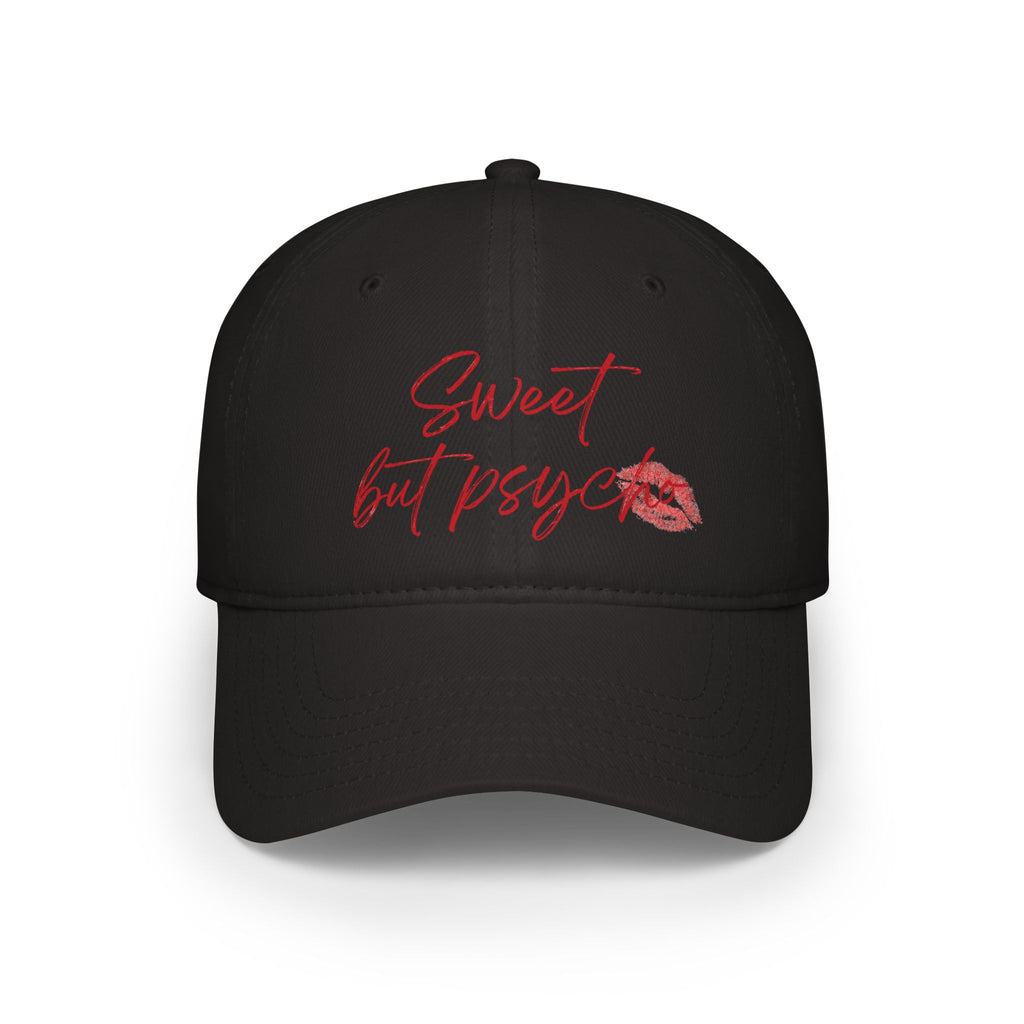 Sweet but Psycho Baseball Cap — Black Low Profile Hat with Red Script & Kiss Graphic