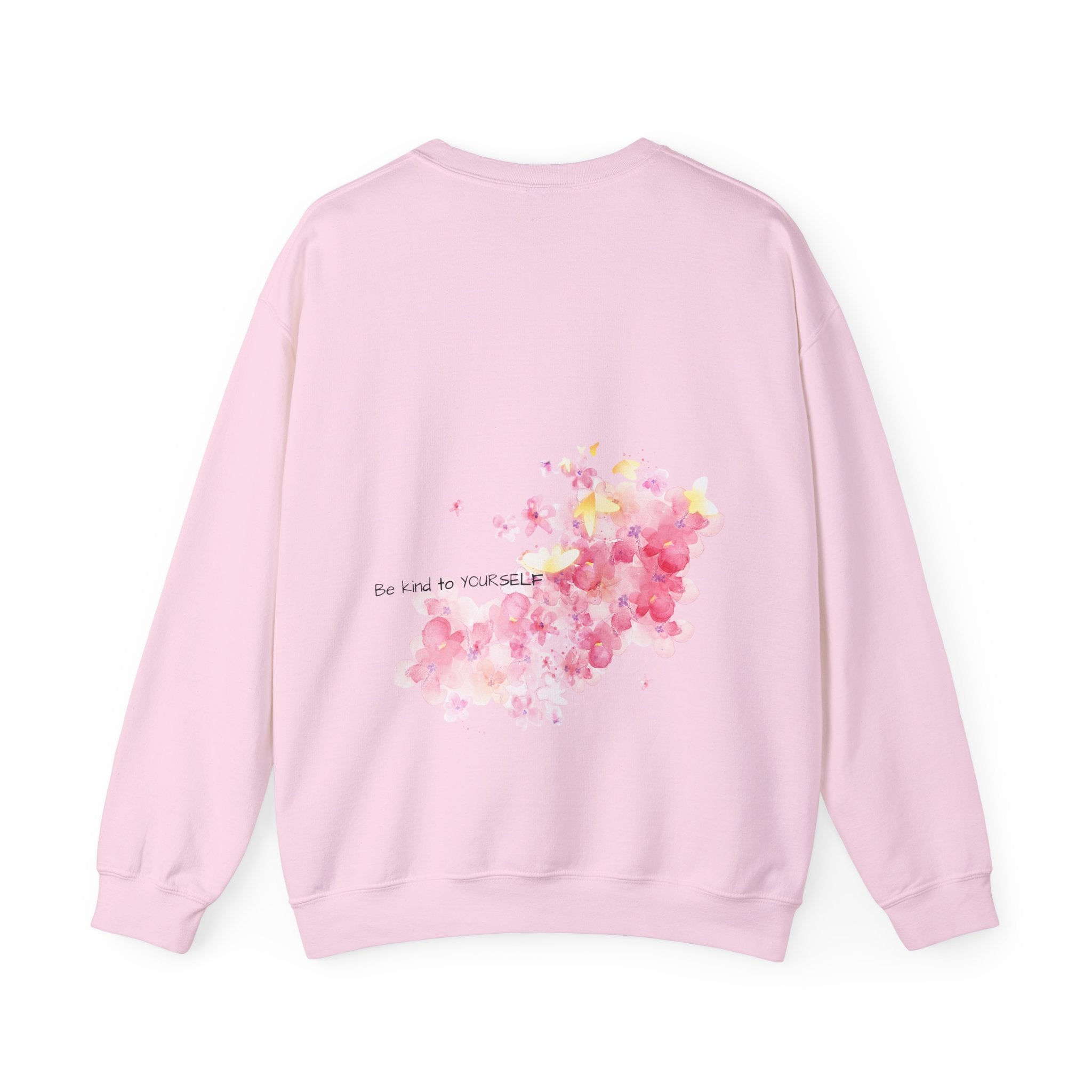 Crewneck Sweatshirt — Watercolor Pink Floral Back Print with Tiny Front Blossom