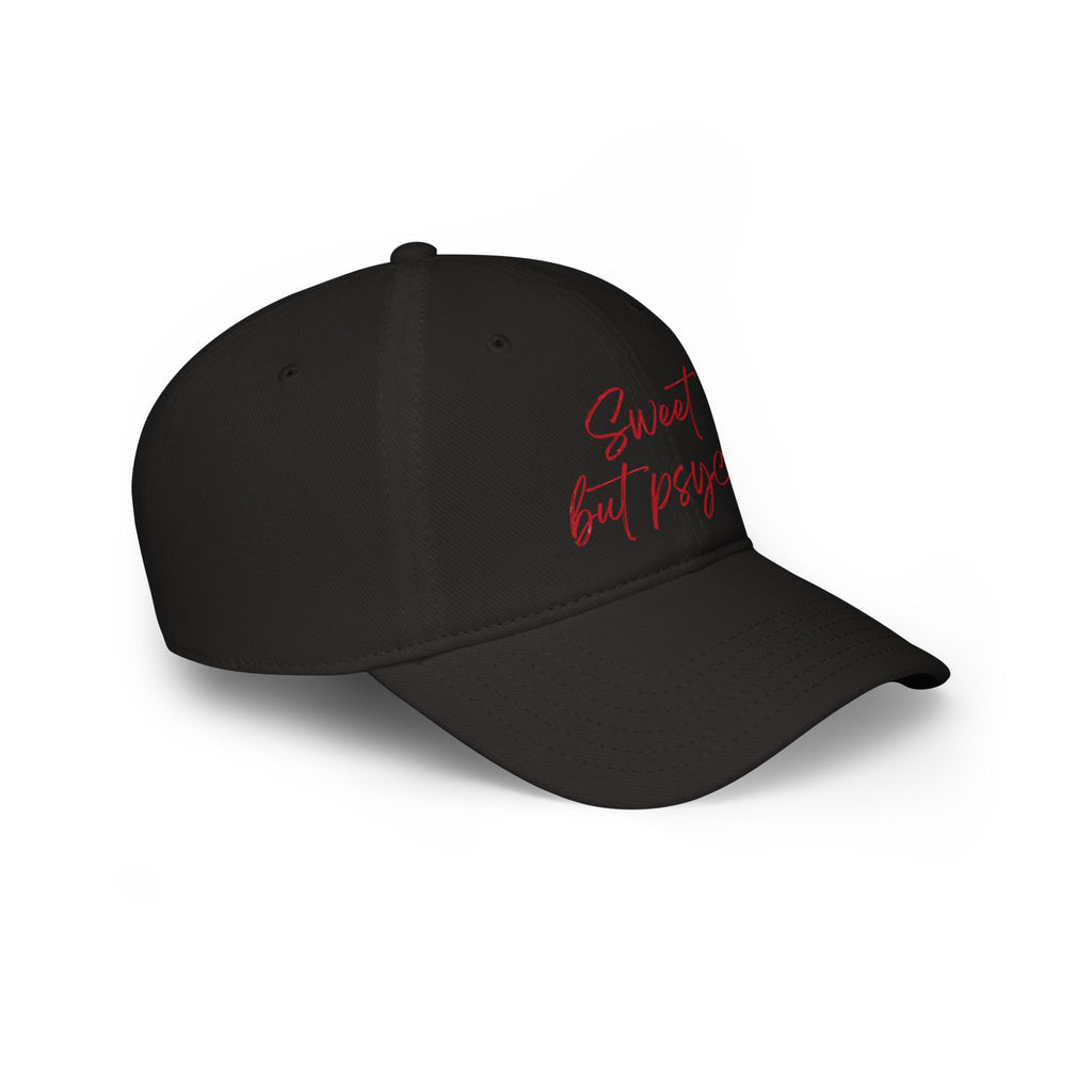 Sweet but Psycho Baseball Cap — Black Low Profile Hat with Red Script & Kiss Graphic