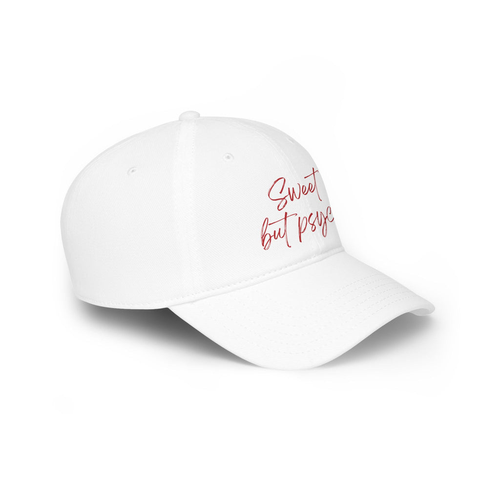 Sweet but Psycho Baseball Cap — Black Low Profile Hat with Red Script & Kiss Graphic
