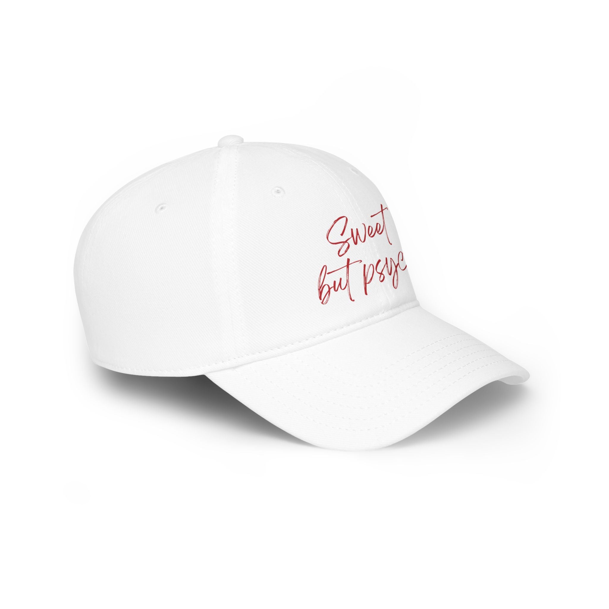 Sweet but Psycho Baseball Cap — Black Low Profile Hat with Red Script & Kiss Graphic